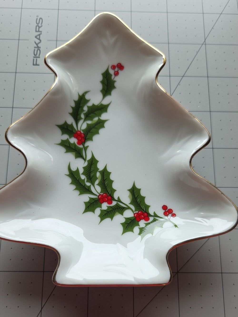 Holiday Tree-Shaped Serving Dish with Holly and Red Berries